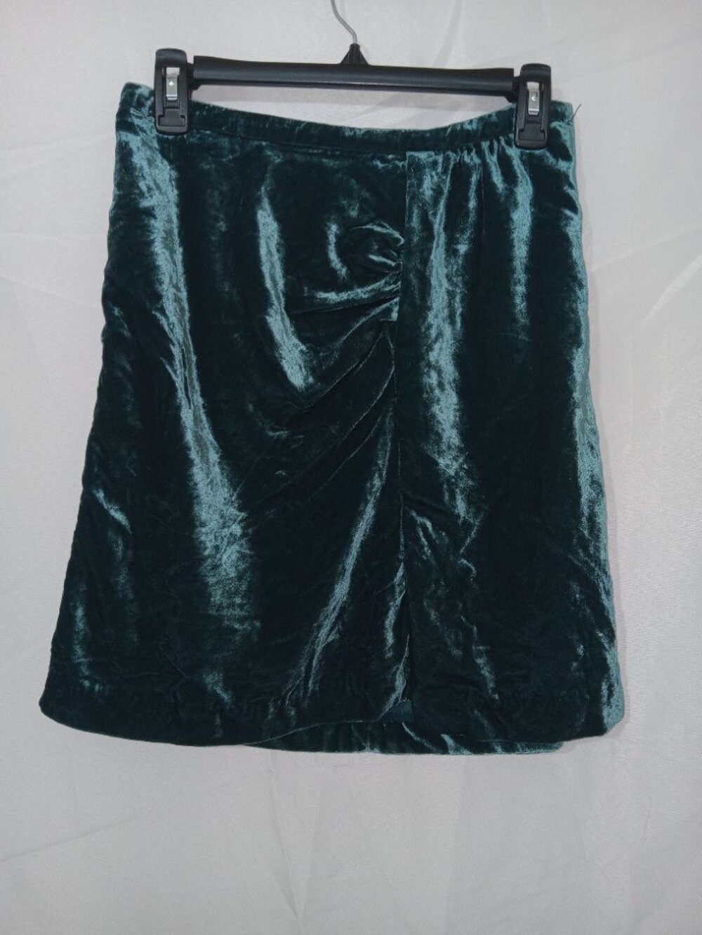 Anthropologie Velvet Mini Skirt Teal Green Ruched Front Womens Size 6 Holiday - Picture 3 of 11